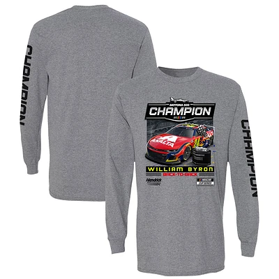 T-shirt à manches longues pour homme avec drapeau damier, gris chiné, champion du Daytona 500 2025, déterminer