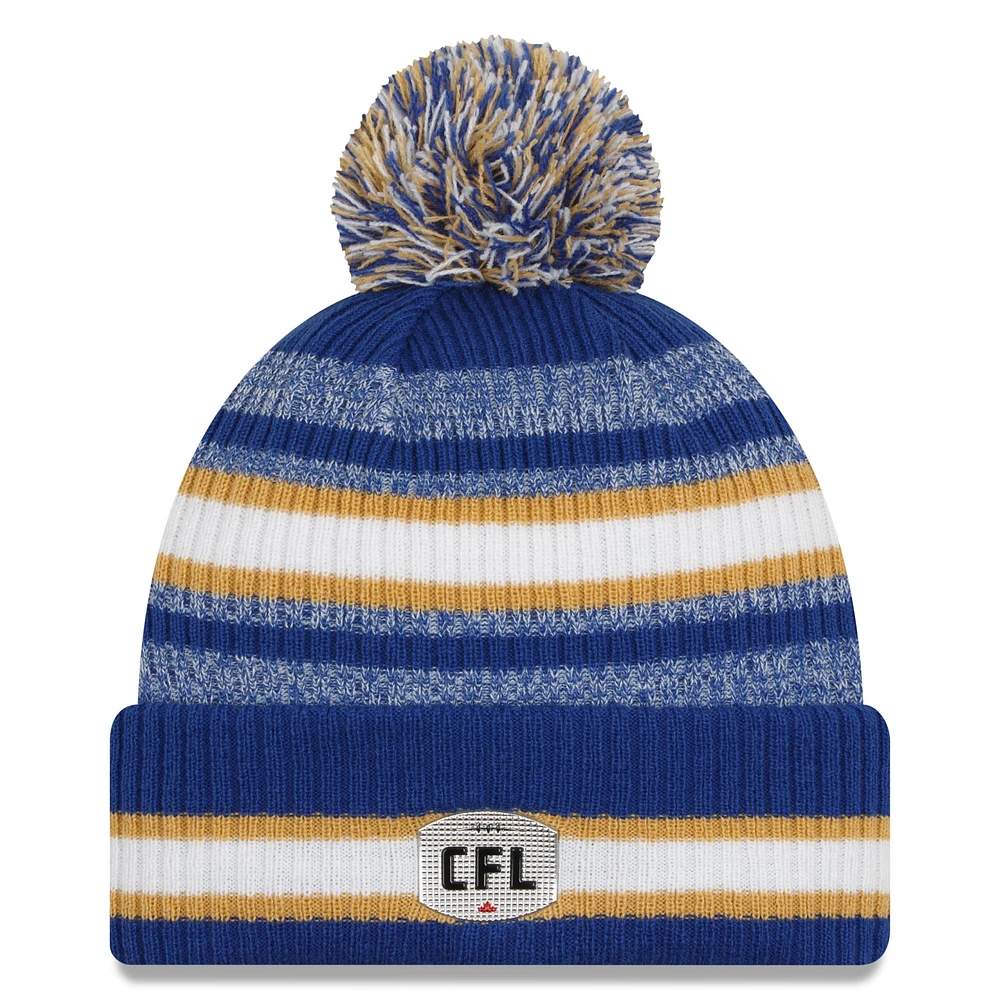 Men's New Era Royal Winnipeg Blue Bombers Sideline 6 Dart Cuffed Knit Hat with Pom