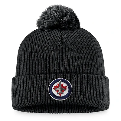 Bonnet en tricot à revers avec logo principal noir des Jets de Winnipeg de marque Fanatics pour hommes avec pompon