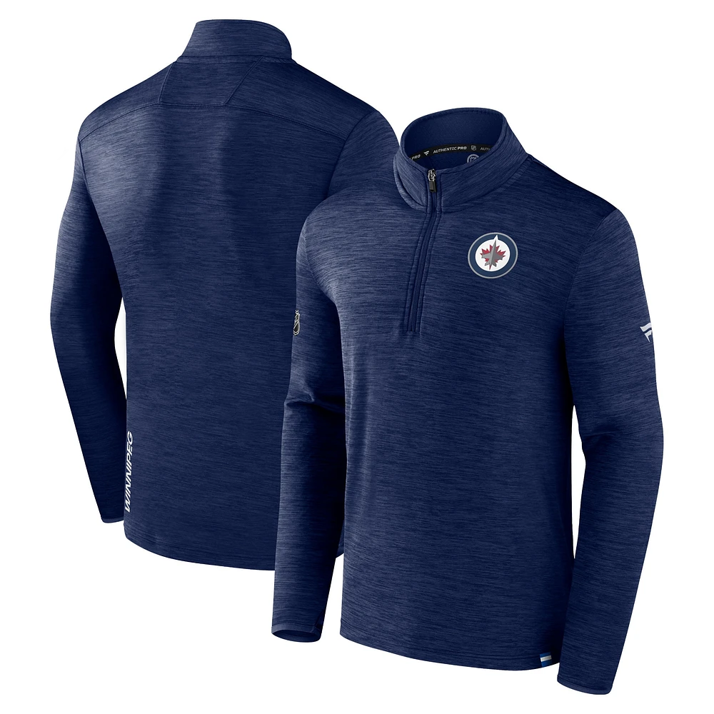 Haut à enfiler authentique Pro quart de zip Fanatics pour hommes, bleu marine, Jets Winnipeg