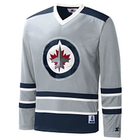 Men's Starter Gray Winnipeg Jets Cross-Check V-Neck - Long Sleeve T-Shirt
