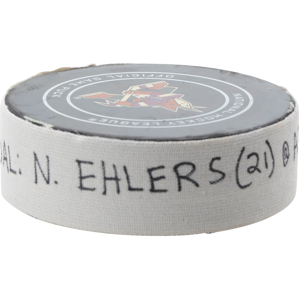 Rondelle de but utilisée par les Jets de Winnipeg de Nikolaj Ehlers le 6 avril 2019 contre les Coyotes de l'Arizona
