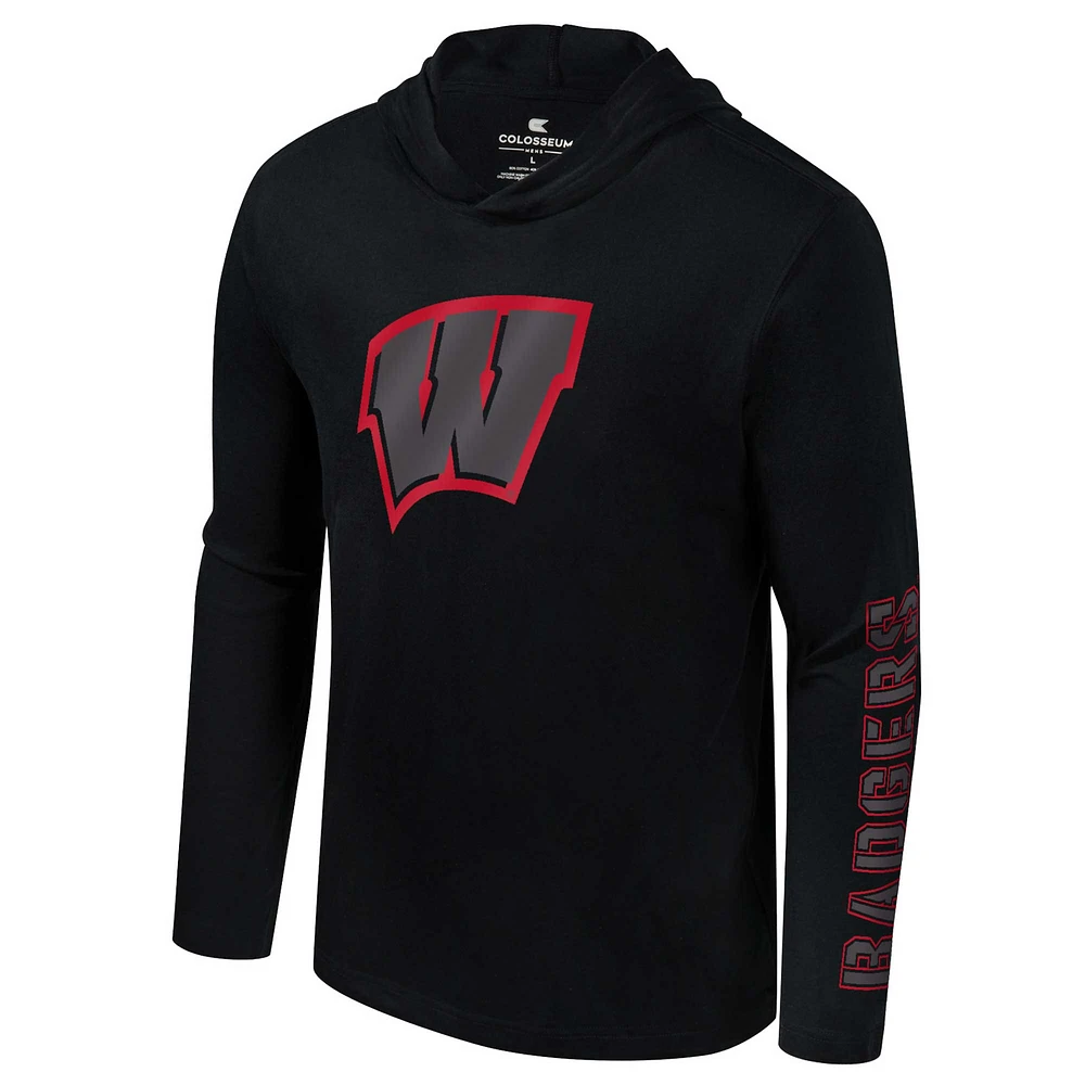 T-shirt à capuche manches longues et Colosseum Black Wisconsin Badgers pour hommes Color Pop Active Blend 2-Hit
