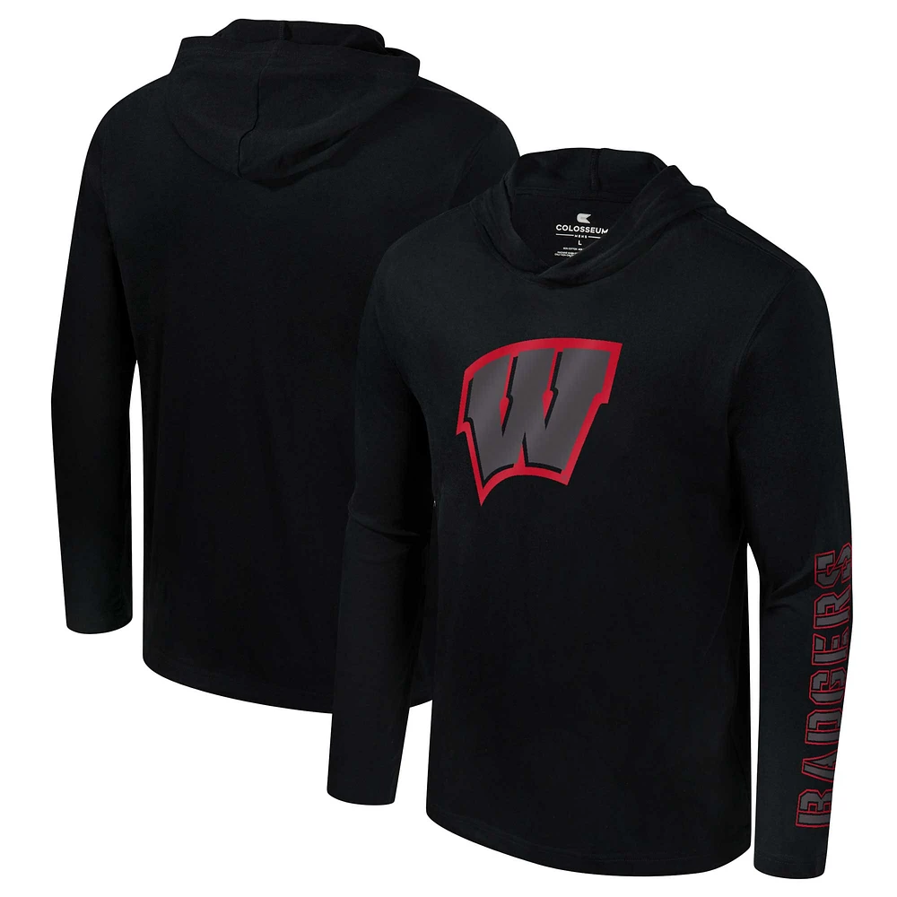 T-shirt à capuche manches longues et Colosseum Black Wisconsin Badgers pour hommes Color Pop Active Blend 2-Hit