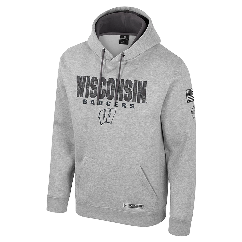 Men's Colosseum Heather Gray Wisconsin Badgers Oorah OHT Military Appreciation Pullover Hoodie