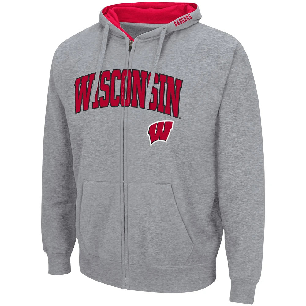 Men's Colosseum Heathered Gray Wisconsin Badgers Arch & Logo 3.0 Full-Zip Hoodie