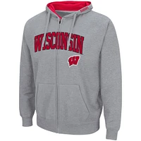 Men's Colosseum Heathered Gray Wisconsin Badgers Arch & Logo 3.0 Full-Zip Hoodie