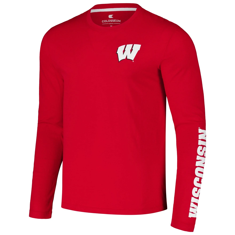 Men's Colosseum Red Wisconsin Badgers Logo Lockup 3-Hit Active Blend Long Sleeve T-Shirt
