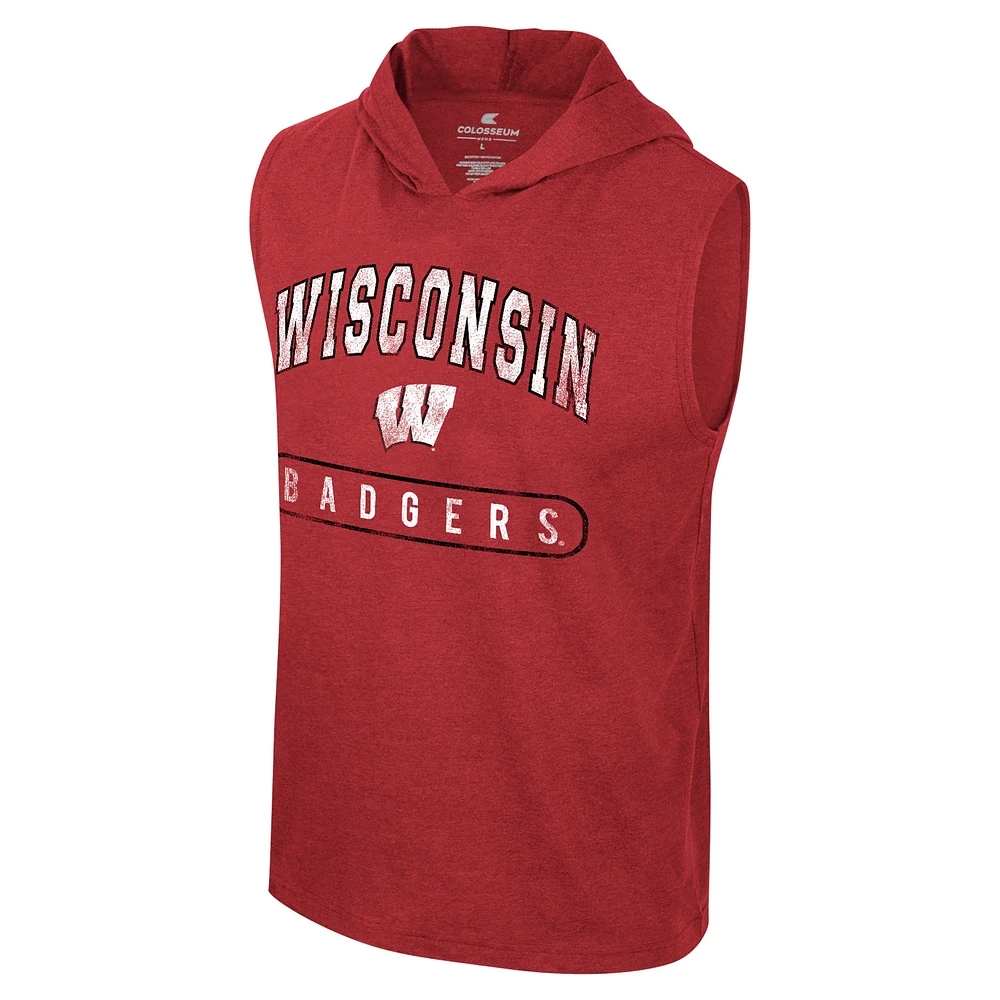 Men's Colosseum Red Wisconsin Badgers Varsity Sleeveless Hoodie Tank Top