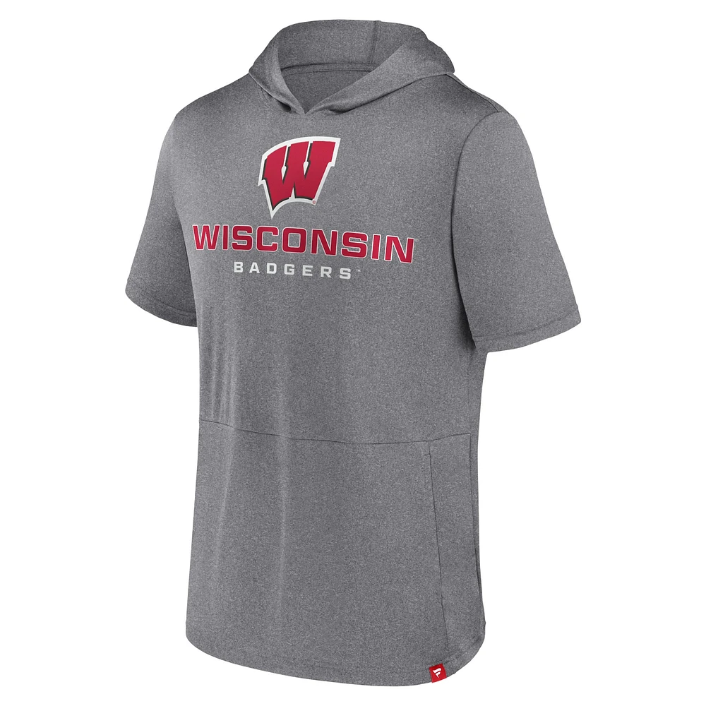 Men's Fanatics Heather Gray Wisconsin Badgers Modern Stack Hoodie T-Shirt