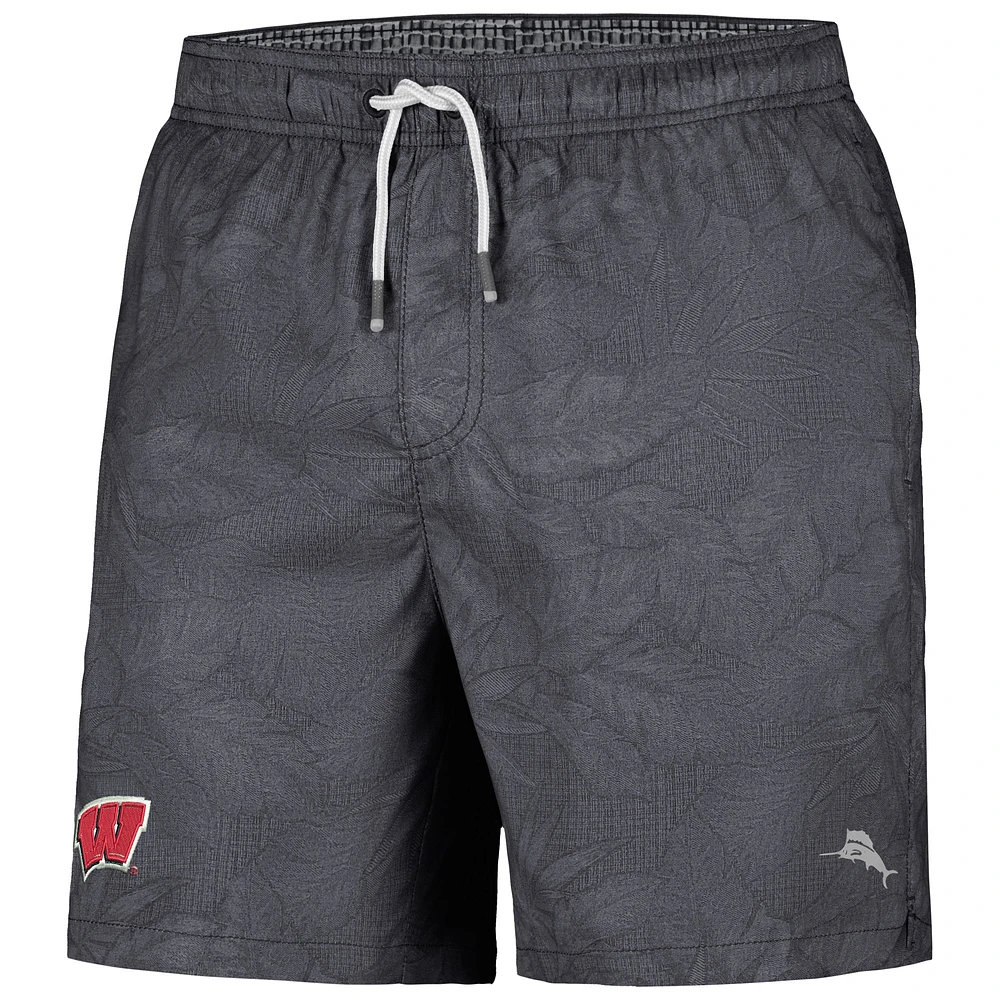 Men's Tommy Bahama Black Wisconsin Badgers Naples Layered Leaves Swim Trunks