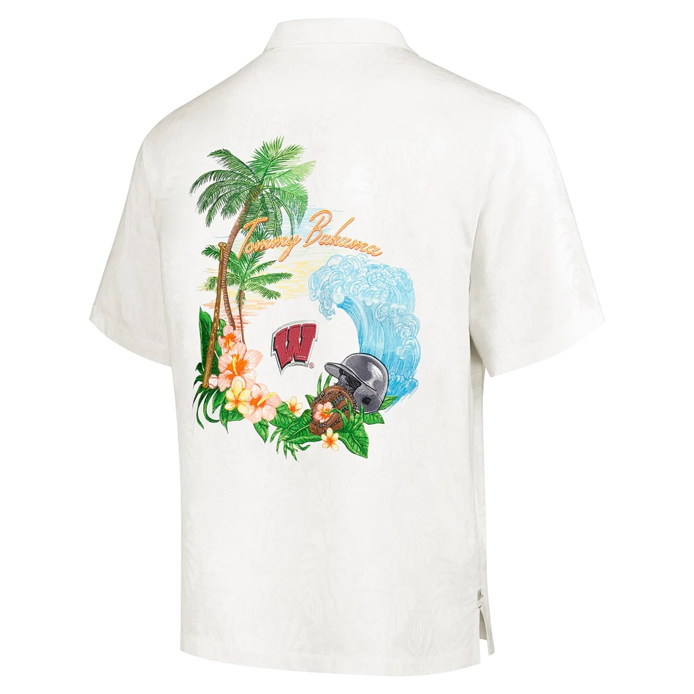 Men's Tommy Bahama Cream Wisconsin Badgers Castaway Game Camp Button-Up Shirt