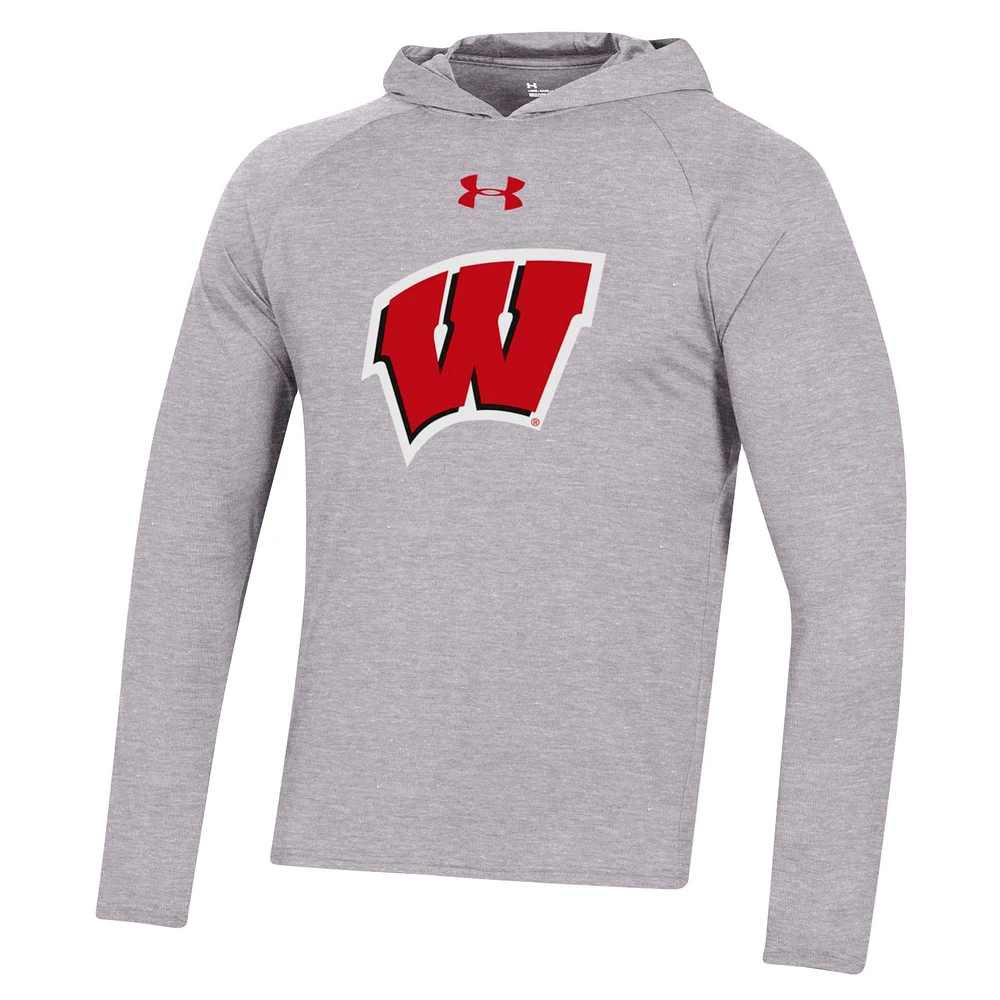 Men's Under Armour  Heather Gray Wisconsin Badgers School Logo Raglan Long Sleeve Hoodie Performance T-Shirt