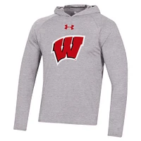 Men's Under Armour  Heather Gray Wisconsin Badgers School Logo Raglan Long Sleeve Hoodie Performance T-Shirt