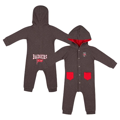 Barboteuse à capuche et boutons-pression en tissu gaufré Zando-Zan pour nouveau-né nourrisson Colosseum Charcoal Wisconsin Badgers