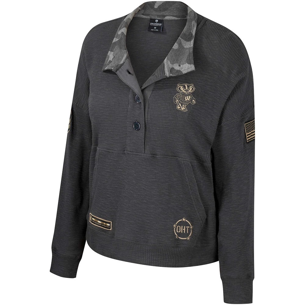 Women's Colosseum  Heather Charcoal Wisconsin Badgers OHT Military Appreciation Payback Henley Thermal Sweatshirt