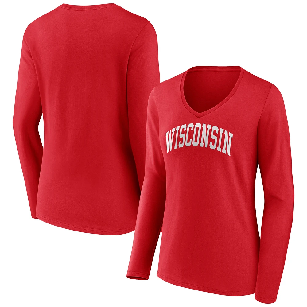 T-shirt à manches longues et col en V Fanatics Red Wisconsin Badgers pour femmes