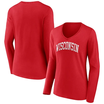 T-shirt à manches longues et col en V Fanatics Red Wisconsin Badgers pour femmes