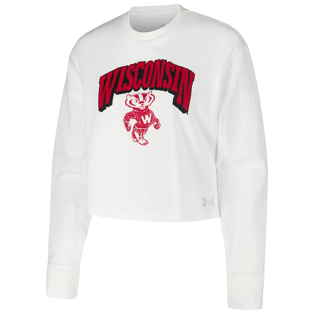 Women's Under Armour White Wisconsin Badgers Inline All Day Tri-Blend Cropped Long Sleeve T-Shirt