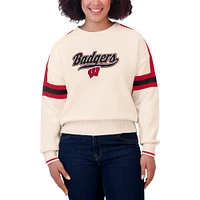 Women's WEAR by Erin Andrews  Cream Wisconsin Badgers Chenille Woven Patch Stripe Pullover Sweater