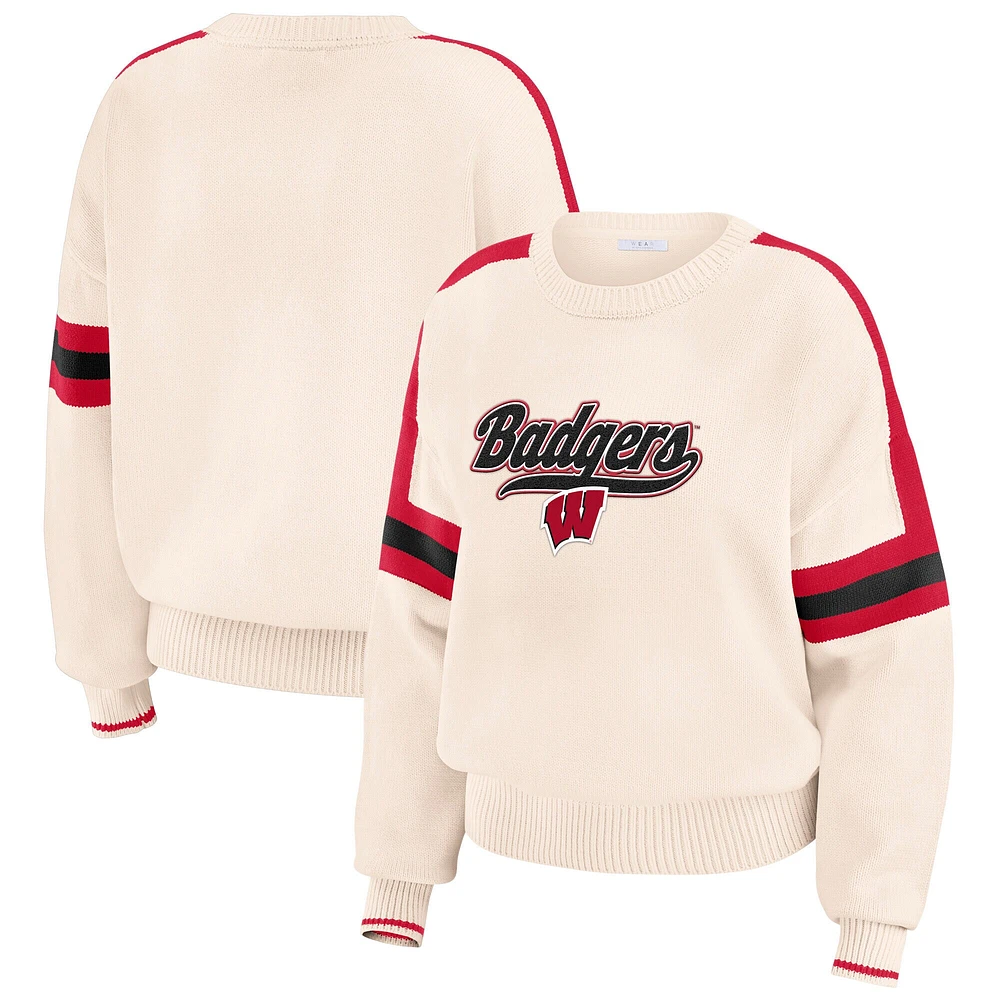 Women's WEAR by Erin Andrews Cream Wisconsin Badgers Chenille Woven Patch Stripe Pullover Sweater