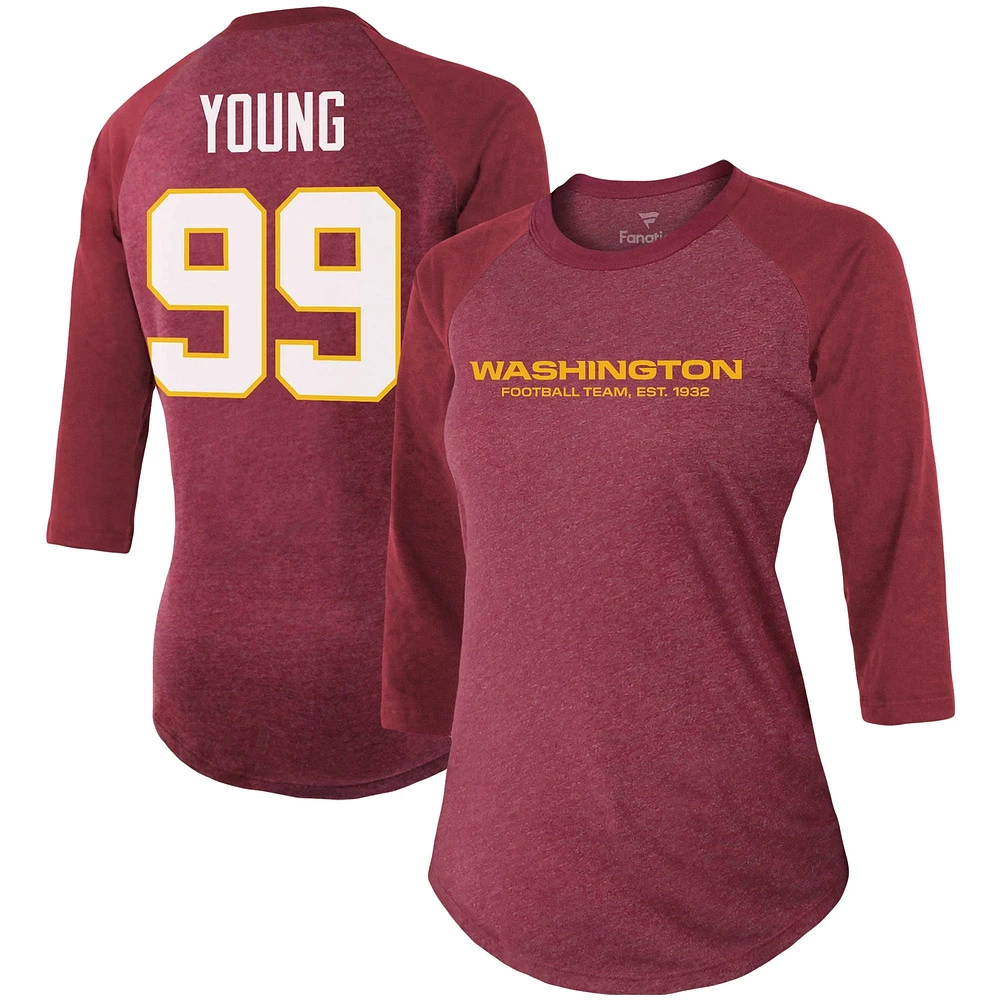 Fanatics Chase Young Burgundy Washington Football Team Nom et numéro du joueur de l'équipe Tri-Blend Raglan T-shirt à manches 3/4 pour femmes