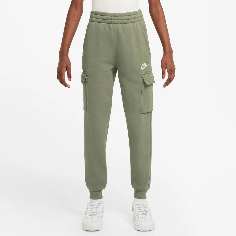 Nike Boys NSW Club Fleece LBR Cargo Pants - Boys' Grade School White/Oil Green