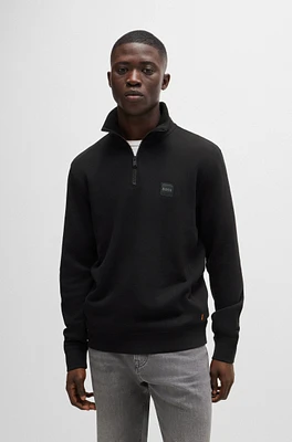 Zip-neck sweatshirt cotton terry with logo patch
