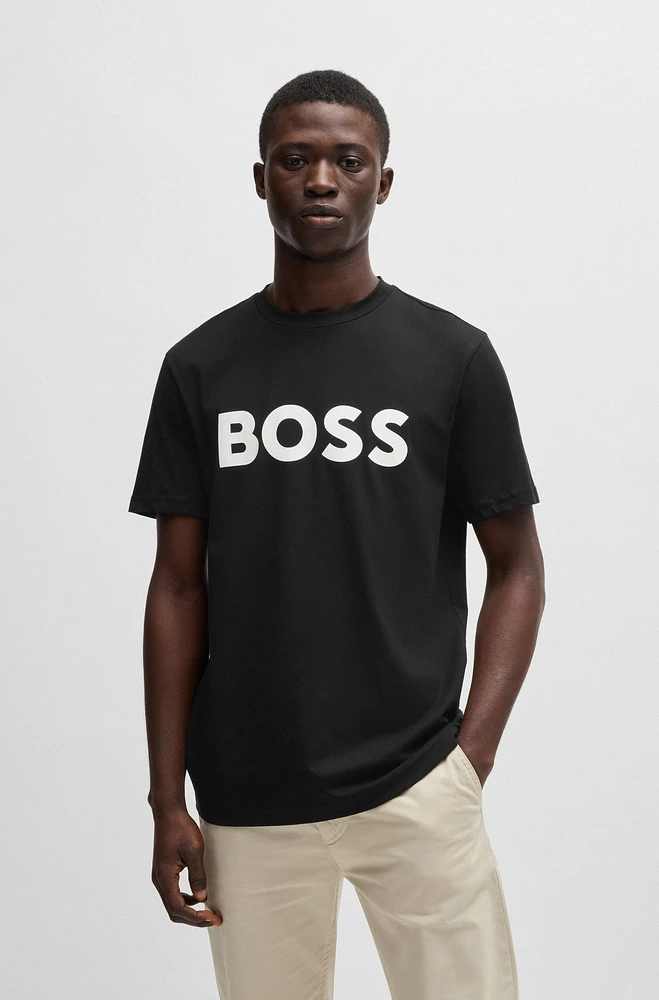 Cotton-jersey T-shirt with curved-logo print