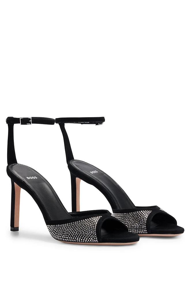 Suede sandals with crystal studs and buckle