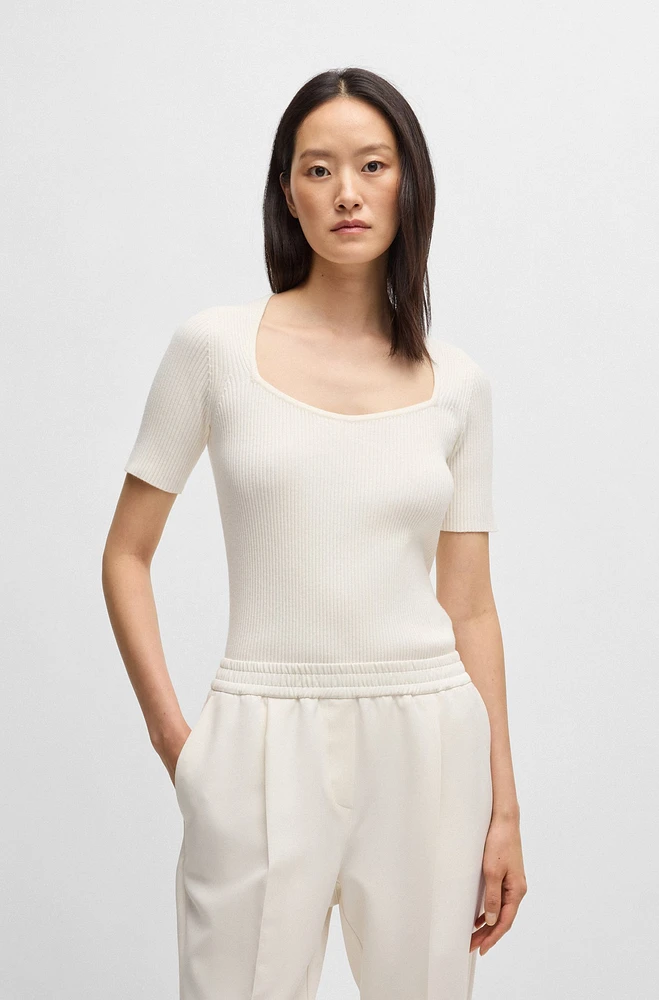 Square-neck short-sleeved sweater ribbed stretch fabric