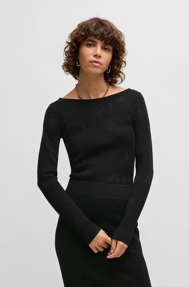 Wide-neck sweater stretch jacquard