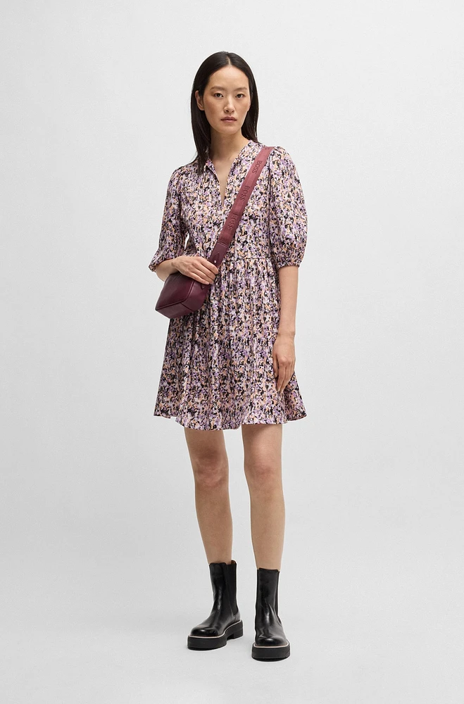 Cropped-sleeve dress hammered satin with seasonal print