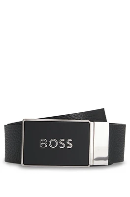 Reversible leather belt with plaque buckle