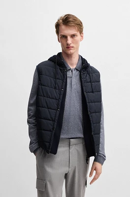 Hooded gilet wool with down-blend front panel
