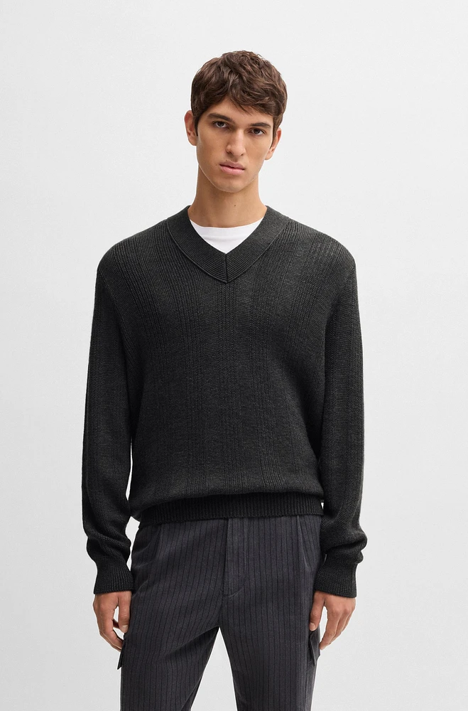 Mixed-structure V-neck sweater wool