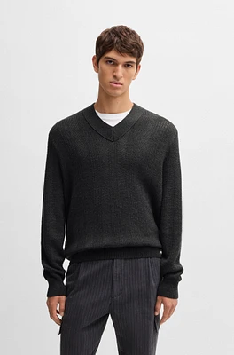 Mixed-structure V-neck sweater wool