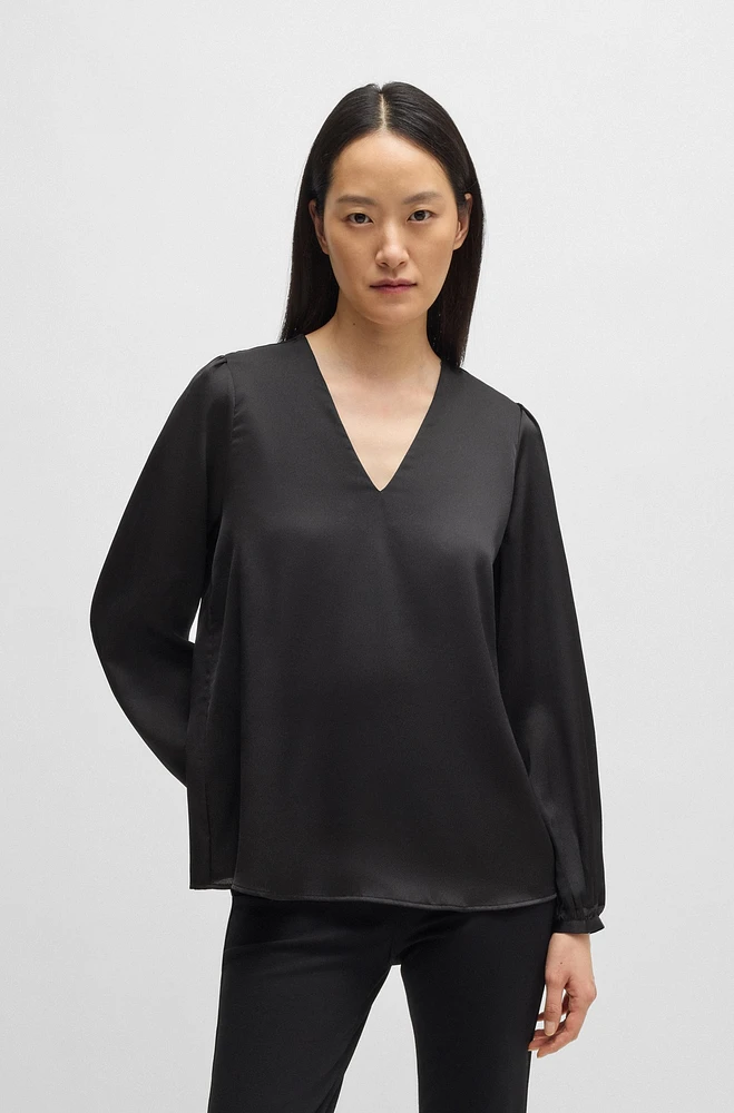 Regular-fit blouse with V neckline hammered satin