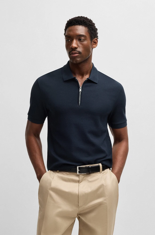 Zip-neck knit polo shirt with waffle structure