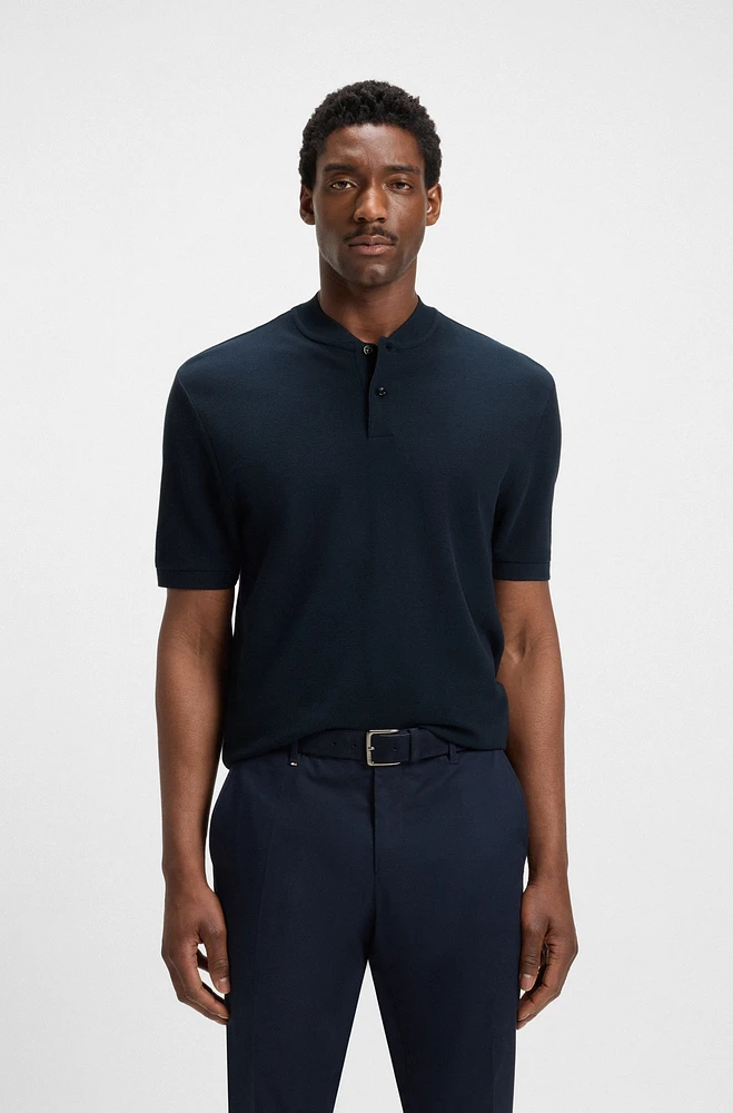 Collarless polo shirt a waffle cotton blend
