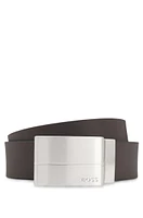 Reversible-leather belt with pin and plaque buckles