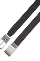 Reversible-leather belt with pin and plaque buckles
