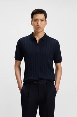 Cotton-silk knit polo with cabled front