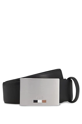 Reversible leather belt with plaque buckle