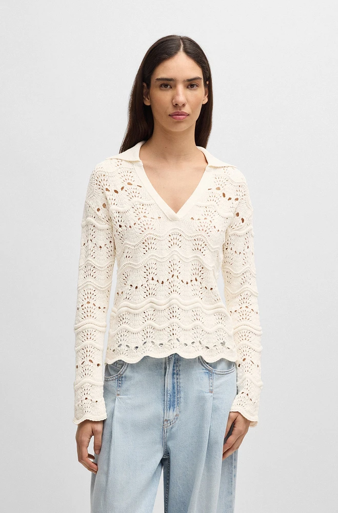 Johnny-collar sweater with open-knit structure