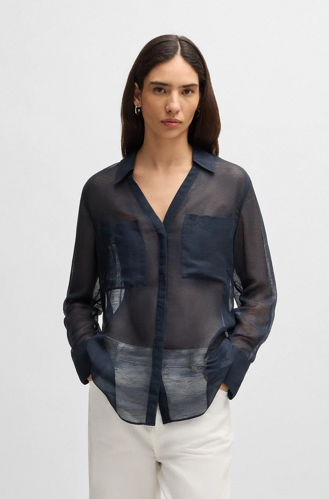 V-neck blouse ramie with collar detail
