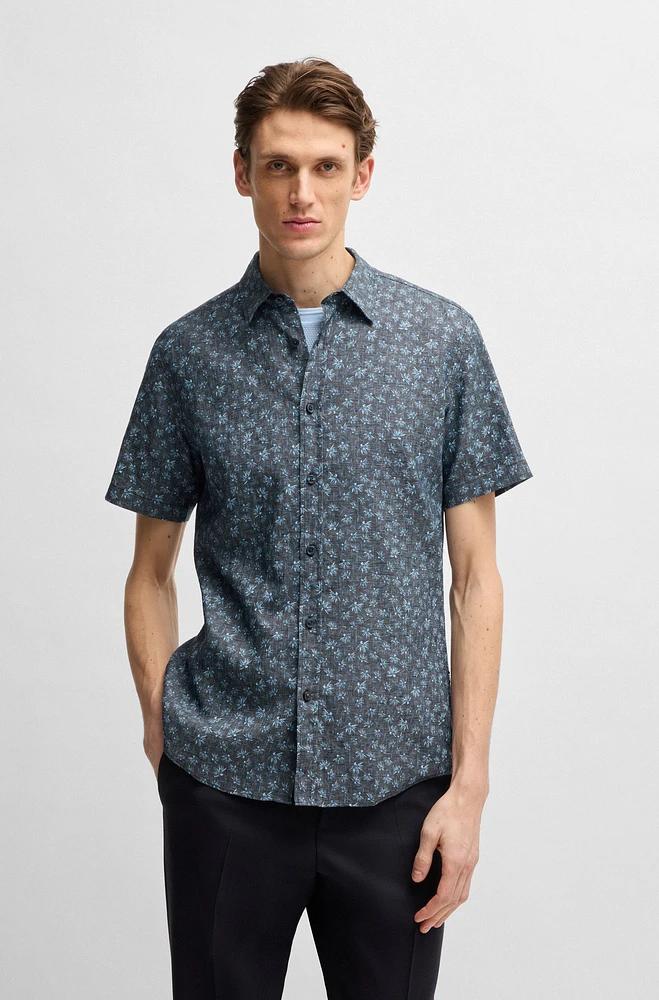 Slim-fit shirt floral-print stretch linen