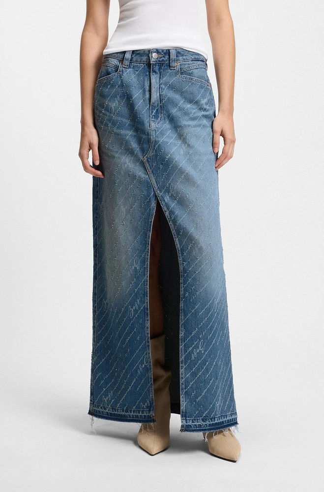 Denim skirt with logo pinstripe pattern and front slit