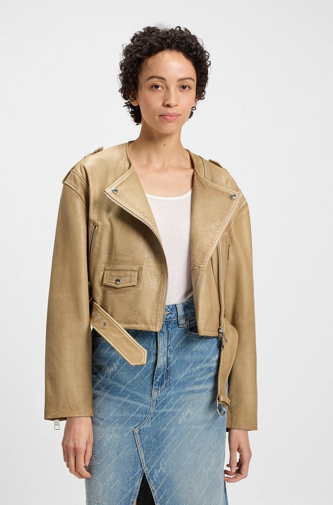 Cropped biker jacket grained leather