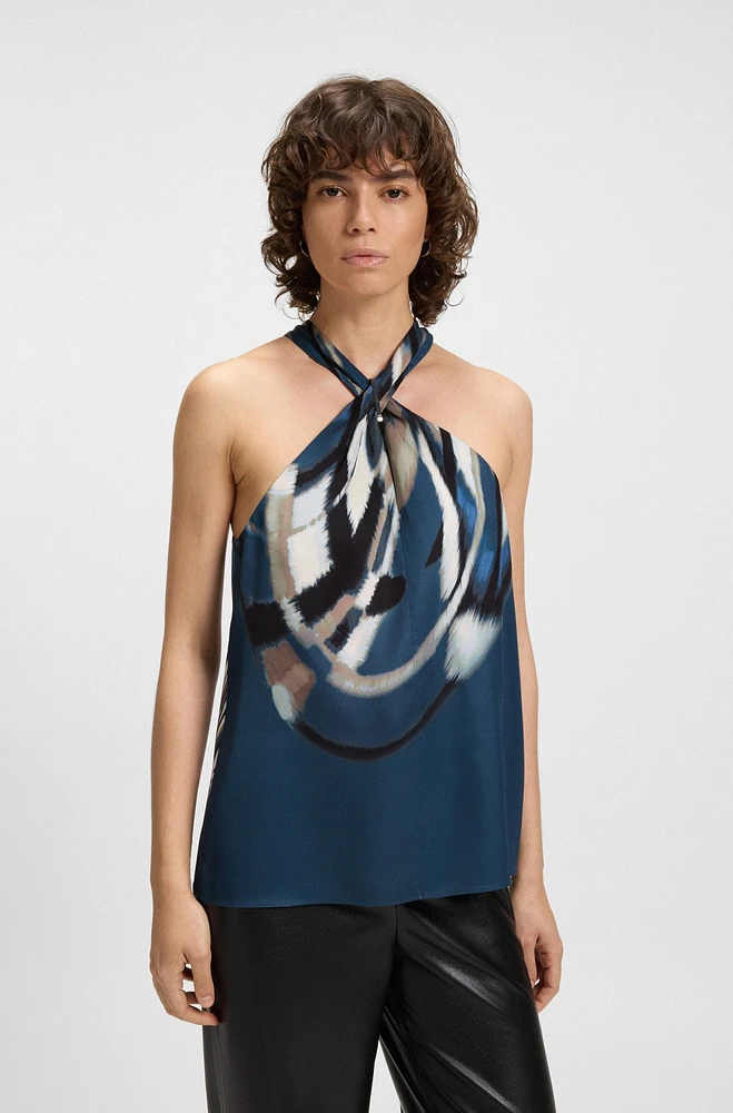 Printed-twill top with tie neckline